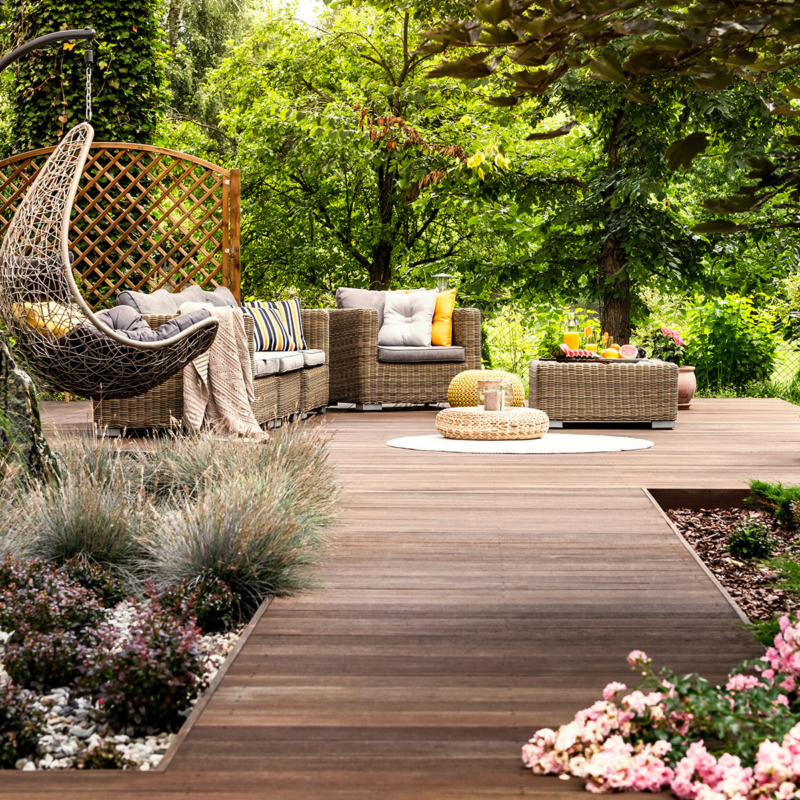 Beautiful,Wooden,Terrace,With,Garden,Furniture,Surrounded,By,Greenery,On